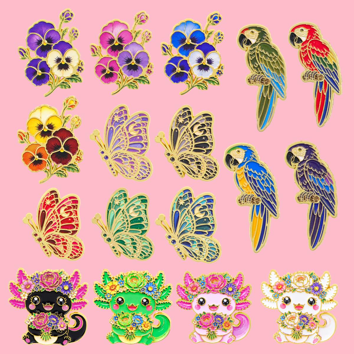 Plant Parenthood - 鮮やかな花柄の蝶とインコの金属製エナメルピン、ブローチ、バッジ。バックパックや衣類のアクセサリー、友人へのジュエリーギフト。